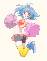 Rule 34 | 10s, ahoge, androgynous, ass, bike shorts, blue eyes, blue hair, blush, cardfight!! vanguard, cheerleader, crossdressing, gender request, hairband, looking back, matching hair/eyes, navel, open mouth, pom pom (cheerleading), sendou aichi, shoes, sneakers, solo, thighhighs, trap, yellow thighhighs