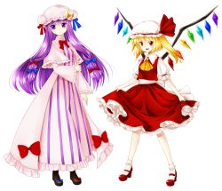 Rule 34 | 2girls, arm grab, blonde hair, blush, boots, bow, clothes lift, crescent, flandre scarlet, hat, long hair, multiple girls, open mouth, patchouli knowledge, purple eyes, purple hair, red eyes, senri (nazerine), short hair, side ponytail, skirt, skirt lift, touhou, wings