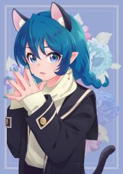Rule 34 | 1girl, absurdres, animal ear fluff, animal ears, aqua nails, blazer, blue eyes, blue hair, blue jacket, braid, casual, cat ears, cat tail, commentary request, crescent, crescent earrings, earrings, eriko (nakaeri gogo), fingers together, floral background, flower request, hair between eyes, highres, jacket, jewelry, lips, long hair, looking at viewer, nail polish, open mouth, pointy ears, precure, ribbed sweater, sailor collar, solo, star twinkle precure, steepled fingers, sweater, tail, turtleneck, turtleneck sweater, twin braids, upper body, white sweater, yuni (precure)