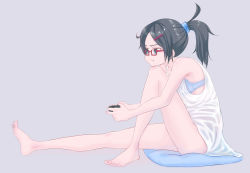 Rule 34 | 1girl, angry, artist request, bad id, bad pixiv id, bare legs, barefoot, black hair, bra, controller, dress, feet, game controller, gamepad, glasses, grey eyes, hair ornament, hairclip, highres, no panties, original, pillow, playstation controller, ponytail, puffy cheeks, see-through, sitting, underwear, video game