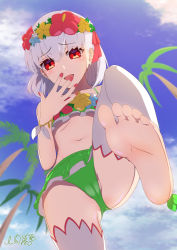 Rule 34 | 1girl, barefoot, cameltoe, covering own mouth, fate/grand order, fate (series), feet, hand over own mouth, kama (fate), looking at viewer, medium hair, nail polish, open mouth, red eyes, soles, swimsuit, toes, white hair