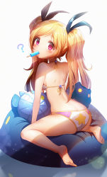 Rule 34 | 1girl, ?, absurdres, ass, bad id, bad pixiv id, bare shoulders, bikini, blonde hair, blush, breasts, feet, food, from behind, gibagiba, halterneck, highres, huge filesize, long hair, looking at viewer, looking back, monster strike, mouth hold, pandora (monster strike), popsicle, purple eyes, shiny skin, sitting, small breasts, solo, star (symbol), star print, swimsuit, twintails, wariza, white background