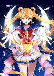 Rule 34 | 1990s (style), 1girl, :o, absurdres, bishoujo senshi sailor moon, bishoujo senshi sailor moon s, blonde hair, blue eyes, blue sailor collar, bow, brooch, choker, crescent moon, double bun, elbow gloves, feathers, gloves, hair bun, hair ornament, hairpin, heart, heart brooch, highres, jewelry, long hair, magical girl, moon, multicolored clothes, multicolored skirt, outstretched hand, pandako, red bow, retro artstyle, ribbon, sailor collar, sailor moon, seihai (sailor moon), serious, skirt, solo, super sailor moon, tsukino usagi, twintails, white gloves