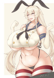 Rule 34 | 1girl, anchor, arms up, bare shoulders, blonde hair, breasts, brown eyes, collarbone, curvy, elbow gloves, elun (meido), gloves, hair between eyes, hair ornament, hair ribbon, hairband, highleg, highleg panties, highres, huge breasts, kantai collection, long hair, open mouth, panties, pixiv id 13334163, ribbon, sailor collar, school uniform, serafuku, shimakaze (kancolle), simple background, skindentation, smile, solo, striped clothes, striped thighhighs, thick thighs, thighhighs, thighs, underboob, undersized clothes, underwear, very long hair, wide hips