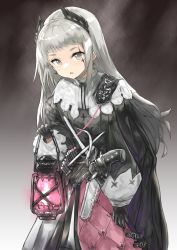 Rule 34 | 1girl, :o, ammunition belt, arknights, black cape, black gloves, black jacket, cape, capelet, cowboy shot, gloves, green eyes, grey hair, grey skirt, gun, head wings, highres, holding, holding lantern, irene (arknights), jacket, lantern, layered skirt, long hair, looking at viewer, looking back, mg42cat-k1ng, open mouth, purple skirt, scar, scar across eye, scar on face, sheath, sheathed, skirt, solo, sword, very long hair, weapon, white capelet, wings