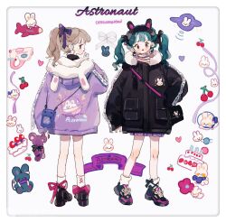Rule 34 | 2girls, aircraft, airplane, animal ear hairband, animal ear hood, animal ears, animal print, aqua hair, artist name, badge, bag, banner, black bag, black bow, black bowtie, black coat, black footwear, black hairband, black shirt, blue bag, blueberry, blush stickers, boots, border, bow, bow legwear, bowtie, brown eyes, brown hair, cake, cake slice, candle, cherry, closed mouth, coat, cross-laced clothes, cross-laced footwear, cross-laced legwear, earrings, english text, eyelashes, eyeshadow, fake animal ears, fashion, flower, food, footwear bow, footwear ribbon, from behind, fruit, full body, fur-trimmed coat, fur trim, hair bow, hairband, hand in own hair, hand on own chin, heart, heart earrings, helmet, highres, holding, holding stuffed toy, hood, hood down, hooded coat, jewelry, lightning bolt print, long hair, looking at viewer, makeup, miniskirt, multiple girls, orange eyeshadow, original, pink bow, pink flower, pink ribbon, planet, planetary ring, pleated skirt, pocket, ponytail, purple bow, purple coat, purple ribbon, purple skirt, putong xiao gou, rabbit ears, rabbit print, red lips, ribbon, shirt, shoes, shoulder bag, skirt, sleeves past wrists, sneakers, socks, space helmet, straight-on, strawberry, striped bow, striped bowtie, striped clothes, stuffed animal, stuffed toy, teddy bear, turtleneck, twintails, ufo, water gun, white background, white border, white bow, white ribbon, white shirt, white socks