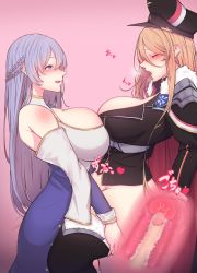 Rule 34 | 2girls, absurdres, azur lane, bismarck (azur lane), bismarck (coat of arms), black footwear, black headwear, black jacket, boots, breast press, breasts, cape, censored, cleavage, clothed sex, commission, cross-section, dress, fur-trimmed cape, fur trim, futa with female, futanari, hair between eyes, hat, highres, huge breasts, jacket, light purple hair, long hair, mosaic censoring, multiple girls, open mouth, orange hair, peaked cap, penis, pink background, pixiv commission, purple dress, purple eyes, rikuguma, rodney (azur lane), sex, standing, standing missionary, standing sex, symmetrical docking, thigh boots, thighhighs, vaginal, x-ray