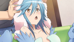 Rule 34 | 1boy, 1girl, artist request, blue feathers, blue hair, blue wings, blush, feathers, game cg, hair between eyes, harpy, monster girl, monster musume no iru nichijou, monster musume no iru nichijou online, naked towel, official art, open mouth, papi (monster musume), towel, towel on head, wardrobe malfunction, wet, winged arms, wings