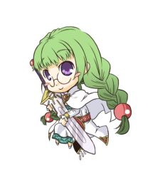 Rule 34 | 1girl, blush stickers, cape, chibi, glasses, green hair, long hair, philia felice, purple eyes, robe, smile, sword, tales of (series), tales of destiny, weapon