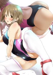 Rule 34 | 1girl, all fours, arm support, ass, back, back cutout, bare shoulders, blush, breasts, brown hair, clothing cutout, commentary request, covered navel, gloves, hair ornament, hairclip, heavy breathing, hip focus, idolmaster, idolmaster cinderella girls, knee up, looking at viewer, looking to the side, medium breasts, mimura kanako, multiple views, one-piece swimsuit, open mouth, pija (pianiishimo), short hair, simple background, sitting, skindentation, slippers, sweat, swimsuit, thick thighs, thighhighs, thighs, white background, white gloves, white thighhighs, wide hips