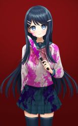 Rule 34 | 1girl, arm behind back, bad id, bad pixiv id, black thighhighs, blood, blood on clothes, blood on face, bloody weapon, blue eyes, blue hair, blush, commentary, danganronpa: trigger happy havoc, danganronpa (series), gradient background, hair ornament, hairclip, highres, holding, holding knife, knife, long hair, long sleeves, maizono sayaka, pink blood, plaid, plaid skirt, pleated skirt, red background, school uniform, shirt, skirt, smile, solo, ssumbi, symbol-only commentary, thighhighs, weapon, white shirt, yandere, zettai ryouiki