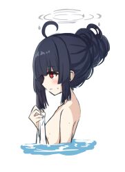 Rule 34 | 1girl, ahoge, bathing, black hair, blue archive, blunt bangs, bright pupils, commentary, from side, halo, highres, hime cut, le xue, long hair, miyu (blue archive), nude, red eyes, solo, sweatdrop, towel, upper body, water, white pupils