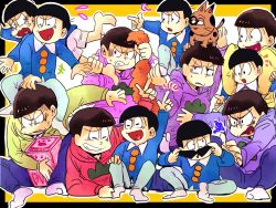 Rule 34 | 10s, 6+boys, angry, black border, black hair, border, box, brothers, cat, child, closed eyes, dual persona, flying sweatdrops, heart, heart in mouth, hood, hoodie, lying, male focus, matsuno choromatsu, matsuno ichimatsu, matsuno jyushimatsu, matsuno karamatsu, matsuno osomatsu, matsuno todomatsu, multiple boys, on side, osomatsu-kun, osomatsu-san, osomatsu (series), outside border, pulling, restrained, sextuplets, shorts, siblings, sitting on shoulder, smile, sudare (sudare310), time paradox, wavy mouth, wing collar