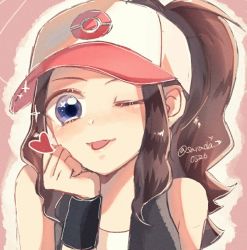 Rule 34 | 1girl, blue eyes, brown hair, creatures (company), female focus, game freak, hilda (pokemon), looking at viewer, nintendo, pokemon, pokemon bw, sarada 0526, solo, tongue, tongue out