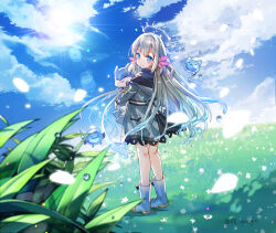 Rule 34 | 1girl, axolotl, blue eyes, blue footwear, blue sailor collar, blue sky, boots, closed mouth, cloud, cloudy sky, day, fins, from behind, grass, grey hair, grey jacket, halo, head fins, highres, hood, hood down, hooded jacket, jacket, jin young-in, lee on, looking at viewer, looking back, nijisanji, nijisanji kr, off shoulder, open clothes, open jacket, outdoors, sailor collar, sky, smile, solo, standing, sun, virtual youtuber
