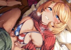 Rule 34 | 1boy, 1girl, 2021, absurdres, american flag, american flag bikini, american flag print, artist name, bad id, bad pixiv id, belko, bikini, blonde hair, blue eyes, blush, breasts, breasts squeezed together, censored, clothes lift, cow hair ornament, dated, flag print, grabbing own breast, hetero, highres, large breasts, lying, mosaic censoring, on back, original, paizuri, paizuri under clothes, penis, print bikini, red sweater, shirt lift, short hair, solo focus, straddling paizuri, sweater, swimsuit