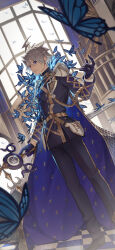 Rule 34 | 1boy, absurdres, ahoge, air (ai r ), armor, belt, black eyes, black gloves, blue butterfly, blue cape, bug, butterfly, cape, checkered floor, compass, fate/grand order, fate (series), gloves, grey hair, highres, holding, holding staff, insect, james moriarty (ruler) (fate), lightning ahoge, makeup, male focus, pauldrons, shoulder armor, staff
