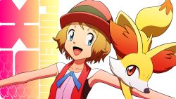 Rule 34 | 1girl, :d, bare arms, blonde hair, blue eyes, blue ribbon, collarbone, commentary request, copyright name, creatures (company), eyelashes, fennekin, game freak, gen 6 pokemon, hat, highres, kuroki shigewo, looking to the side, neck ribbon, nintendo, open mouth, outstretched arms, pokemon, pokemon (anime), pokemon (creature), pokemon xy (anime), ribbon, serena (pokemon), short hair, sleeveless, smile, tongue