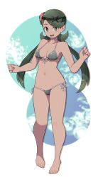 Rule 34 | 1girl, bad id, bad pixiv id, bare arms, bare legs, bare shoulders, barefoot, bikini, blue background, breasts, collarbone, creatures (company), dark-skinned female, dark skin, flower, full body, game freak, green bikini, green eyes, green hair, hair flower, hair ornament, hairband, highres, lamb-oic029, legs, long hair, looking at viewer, mallow (pokemon), matching hair/eyes, medium breasts, navel, nintendo, open mouth, pokemon, pokemon sm, side-tie bikini bottom, simple background, smile, solo, standing, swimsuit, teeth, twintails, upper teeth only, white background
