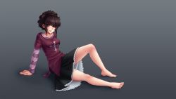 Rule 34 | 1girl, absurdres, bags under eyes, barefoot, black hair, black lagoon, collarbone, feet, frederica sawyer, gradient background, highres, layered sleeves, long sleeves, monorus, petite, scar, shirt, shogakukan, short hair, short over long sleeves, short sleeves, sitting, skirt, smile, solo, striped, striped sleeves, t-shirt