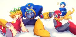Rule 34 | 1girl, 3boys, :d, air man, arm cannon, brown eyes, capcom, cape, closed eyes, crossed arms, crossed legs, dress, helmet, male focus, mega man (character), mega man (classic), mega man (series), mega man 2, multiple boys, open mouth, poroi (poro586), proto man, red dress, robot, roll (mega man), simple background, sitting, smile, standing, sunglasses, weapon, white background, wind, yellow cape