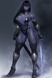 Rule 34 | 1girl, abs, armor, black gloves, black hair, black thighhighs, breasts, choker, closed mouth, collarbone, colored sclera, colored skin, dark-skinned female, dark elf, dark skin, elbow gloves, elf, gloves, gluteal fold, greaves, grey skin, hair between eyes, high heels, highres, holding, holding sword, holding weapon, huge breasts, long hair, muscular, muscular female, navel, original, pink sclera, pointy ears, purple eyes, scabbard, sheath, skindentation, smile, sword, takebouzu, thick thighs, thighhighs, thighs, twitter username, unsheathed, vambraces, weapon