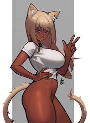 Rule 34 | 1girl, :d, absurdres, animal ear fluff, animal ears, blonde hair, bottomless, breasts, cat ears, cat tail, contrapposto, dark-skinned female, dark skin, distr, fang, from side, grey background, hand on own hip, highres, large breasts, long hair, looking at viewer, looking to the side, open mouth, original, purple eyes, shirt, short sleeves, signature, skin fang, smile, solo, tail, w, white shirt