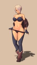 Rule 34 | 1girl, 2019, absurdres, angel (kof), blue eyes, breasts, chaps, cleavage, f14 (fast205), hair over one eye, highres, large breasts, lips, medium breasts, navel, shadow, short hair, simple background, smile, solo, standing, the king of fighters, white hair