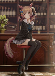 Rule 34 | absurdres, alternate costume, animal ears, bar stool, black thighhighs, blush, bottle, brown eyes, brown hair, casual, commentary request, cup, drinking glass, full body, hair ornament, hair ribbon, high heels, highres, hmax, horse ears, horse girl, horse tail, looking at viewer, mary janes, ribbon, shoes, sitting, smart falcon (umamusume), stool, tail, thighhighs, thighs, umamusume, wine bottle, wine glass