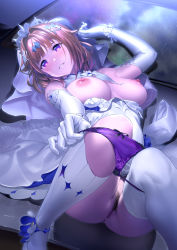 Rule 34 | 1girl, andou shuki, anus, arm up, bare shoulders, blush, bow, bow panties, breasts, breasts out, bridal veil, brown hair, censored, clothes lift, clothes pull, commentary request, dress, dress lift, dress pull, elbow gloves, feet out of frame, female pubic hair, girls&#039; frontline, gloves, grizzly mkv (girls&#039; frontline), grizzly mkv (rain on a starry night) (girls&#039; frontline), hair intakes, hair ornament, head tilt, highres, kneehighs, knees up, large breasts, looking at viewer, lying, mosaic censoring, night, nipples, official alternate costume, on back, outdoors, panties, panty pull, parted lips, print legwear, print socks, pubic hair, pulled by self, purple eyes, purple panties, pussy, reflection, shadow, shoes, short hair, sleeveless, sleeveless dress, smile, socks, solo, sparkle hair ornament, sparkle print, star (sky), thighhighs, underwear, veil, wedding dress, white dress, white footwear, white gloves, white socks, x hair ornament