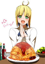 Rule 34 | 1girl, :d, ahoge, ahoge wag, artoria pendragon (all), artoria pendragon (fate), blonde hair, blush, drooling, english text, expressive hair, fate/stay night, fate (series), food, heart, heart in mouth, long sleeves, meatball, miyamoto issa, open mouth, own hands together, pasta, plate, saber (fate), shirt, short hair, smile, solo, spaghetti, tabasco, white background, white shirt