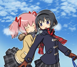 Rule 34 | 10s, 2girls, :d, akemi homura, black hair, black hairband, closed eyes, coat, gloves, hair ribbon, hairband, hands on another&#039;s shoulders, highres, kaname madoka, long hair, looking at another, looking back, mahou shoujo madoka magica, mahou shoujo madoka magica (anime), multiple girls, open mouth, pink hair, purple eyes, ribbon, sat-c, scarf, short hair, short twintails, skirt, smile, twintails