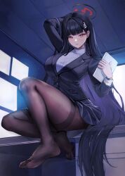 Rule 34 | 1girl, absurdres, arm behind head, arm up, black hair, black jacket, black skirt, blazer, blue archive, breasts, brown pantyhose, buttons, duplicate, feet, fine fabric emphasis, hair ornament, hairclip, halo, highres, indoors, jacket, large breasts, leg up, legs, long hair, long sleeves, looking at viewer, miniskirt, no shoes, pantyhose, pleated skirt, pong 0012, red eyes, ribbed sweater, rio (blue archive), screen light, sitting, skirt, soles, solo, sweater, thighband pantyhose, thighs, toes, turtleneck, turtleneck sweater, very long hair, white sweater, wing collar