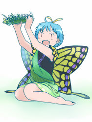 Rule 34 | 1girl, antennae, aqua hair, barefoot, blush, brown eyes, butterfly wings, dress, eternity larva, fairy, green dress, head wreath, holding, holding plant, insect wings, leaf, multicolored clothes, multicolored dress, open mouth, plant, rangycrow, short hair, short sleeves, single strap, smile, solid oval eyes, solo, touhou, wings