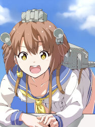 Rule 34 | + +, 10s, 1girl, bent over, blush, brown hair, collarbone, kagkfc1z, kantai collection, leaning forward, looking at viewer, neckerchief, open mouth, short hair, smile, solo, yellow eyes, yellow neckerchief, yukikaze (kancolle)