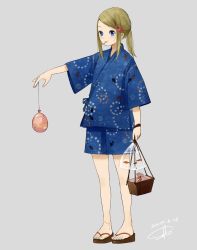 Rule 34 | 1girl, animal print, anklet, aqua nails, bag, bagged fish, basket, blonde hair, blue eyes, blue shirt, blue shorts, blush, candy, closed mouth, dated, eating, fish, fish print, flower, food, food in mouth, full body, grey background, hair flower, hair ornament, highres, holding, japanese clothes, jewelry, lollipop, medium hair, nail polish, original, outstretched arm, ponytail, sako (35s 00), sandals, shirt, shorts, signature, simple background, solo, standing, summer, summer festival, water balloon, wide sleeves