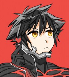 Rule 34 | 1boy, averting eyes, black bodysuit, black hair, bodysuit, closed mouth, finger heart, heart, kingdom hearts, kingdom hearts birth by sleep, male focus, outline, red background, short hair, simple background, solo, spiked hair, sunx7443, vanitas (kingdom hearts), white outline, yellow eyes