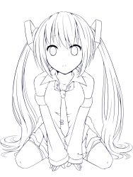 Rule 34 | 1girl, bare shoulders, bike shorts, breasts, cleavage, collarbone, collared shirt, detached sleeves, frown, greyscale, hatsune miku, lineart, long hair, looking at viewer, miniskirt, monochrome, necktie, nyankichi, shirt, simple background, sitting, skirt, solo, split mouth, thighhighs, tie clip, twintails, v arms, very long hair, vocaloid, wariza, white background