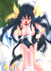 Rule 34 | 1girl, arc system works, asymmetrical wings, black hair, breasts, dizzy (guilty gear), closed eyes, fang, guilty gear, large breasts, one-piece swimsuit, ribbon, school swimsuit, solo, swimsuit, tail, tail ornament, tail ribbon, tears, torn clothes, wings