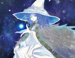 Rule 34 | 1girl, absurdres, blue eyes, blue hair, blue headwear, blue light, blue skin, casting spell, cloak, colored skin, cracked skin, elden ring, extra arms, extra faces, fur cloak, hat, helen (helen2210hk), highres, holding, holding clothes, holding skirt, large hat, magic, night, night sky, orb, ranni the witch, skirt, sky, star (sky), starry sky, witch, witch hat