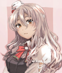 Rule 34 | 1girl, absurdres, brown eyes, grey hair, hagioshi, hair between eyes, hat, highres, kantai collection, looking at viewer, mini hat, pola (kancolle), red neckwear, shirt, solo, thick eyebrows, tilted headwear, two-tone background, upper body, wavy hair, white hat, white shirt