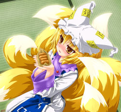 Rule 34 | 1girl, blonde hair, blush, brown eyes, cupping hands, fang, female focus, food, fox tail, from above, hat, kazami karasu, kneeling, own hands together, short hair, solo, sparkle, sushi, tail, touhou, yakumo ran