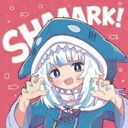 Rule 34 | 1girl, :d, animal costume, animal hood, arms up, backlighting, blue hoodie, blue nails, claw pose, drawstring, english text, fish, fish bone, fish skeleton, gawr gura, gawr gura (1st costume), hololive, hololive english, hood, hood up, hoodie, koruno (artist), long sleeves, looking at viewer, multicolored hair, nail polish, open mouth, shark, shark costume, shark girl, shark hood, shark print, sharp teeth, sidelocks, simple background, smile, solo, streaked hair, teeth, v-shaped eyebrows, virtual youtuber