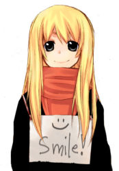 Rule 34 | 1girl, artist request, blonde hair, english text, grey eyes, long hair, looking at viewer, original, scarf, sign, sign holding, smile, solo, white background
