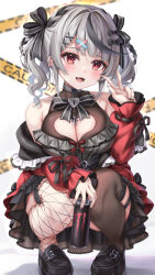 Rule 34 | 1girl, akami770, bare shoulders, breasts, caution tape, cleavage, cleavage cutout, clothing cutout, grey hair, highres, hololive, large breasts, looking at viewer, multicolored hair, open mouth, red eyes, sakamata chloe, smile, solo, streaked hair, twintails, virtual youtuber