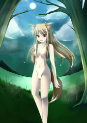 Rule 34 | 00s, 1girl, ahen, animal ears, brown hair, bug, fireflies, firefly, holo, bug, long hair, moon, navel, nude, red eyes, solo, spice and wolf, stomach, studio marimo, tail, uncensored, wolf ears, wolf tail