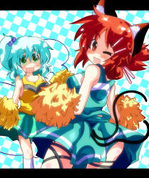 Rule 34 | 2girls, alternate hairstyle, animal ears, blue hair, cat ears, cat girl, cat tail, cheerleader, fang, female focus, gin (shioyude), green eyes, hair bobbles, hair ornament, hairclip, kaenbyou rin, kanzashi, komeiji koishi, letterboxed, multiple girls, multiple tails, one eye closed, pom pom (cheerleading), red eyes, red hair, side ponytail, tail, touhou