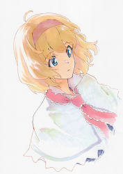 Rule 34 | 1girl, ahoge, alice margatroid, blonde hair, blue dress, blue eyes, capelet, closed mouth, commentary request, dress, eyes visible through hair, hair between eyes, hairband, highres, looking to the side, necktie, pink hairband, pink necktie, shiratama (hockey), short hair, short sleeves, simple background, solo, touhou, upper body, white background, white capelet