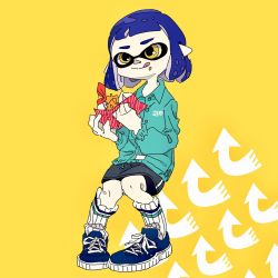 Rule 34 | 1girl, arrow (symbol), bike shorts, blue hair, commentary request, eating, food, hasha, highres, holding, holding food, inkling, inkling girl, inkling player character, jacket, legs together, looking to the side, messy, napkin, nintendo, shoes, short hair, shrimp, shrimp tempura, simple background, sitting, skirt, smile, sneakers, socks, solo, splatoon (series), tempura, tongue, tongue out, yellow eyes