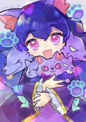 Rule 34 | 1girl, animal ears, blue bow, blush, bow, cerberus, doradorakingyo, dress, dual persona, eyelashes, fangs, grey background, holding, kerbey (puyopuyo), long hair, looking at viewer, open mouth, paw print, pink eyes, purple bow, purple dress, purple hair, puyopuyo quest, sleeve bow, solo, twitter username, wolf ears